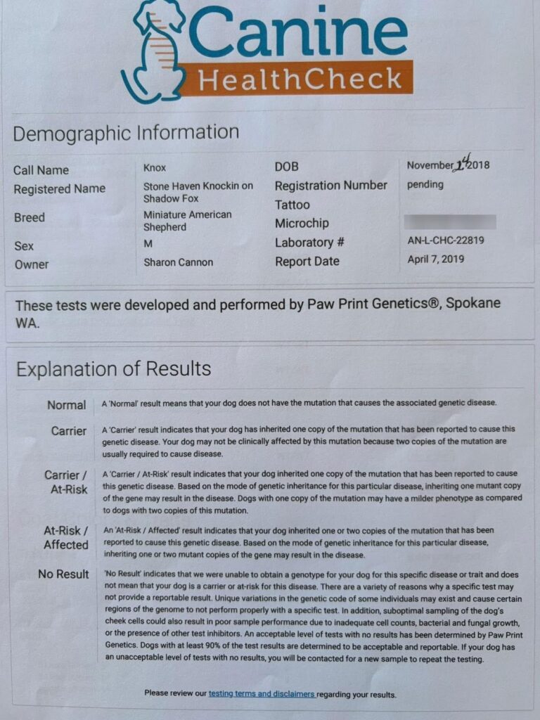 Canine HealthCheck DNA panel for Lapis, page 1 of 9